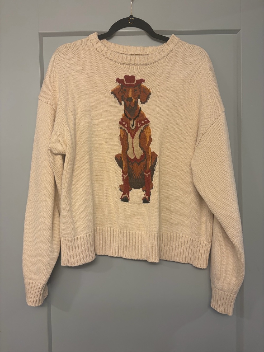 Anthropologie Cream Crewneck Sweater with Dog Intarsia